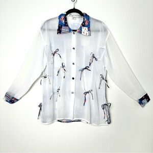 Sheer White Button Down Shirt with Blue Details